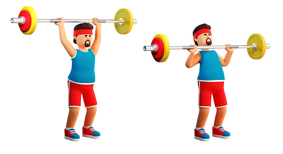 3d cartoon athlete lifts the barbell over his head. 3d illustration.