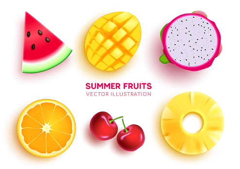 Summer fruits vector set design. Summer tropical fruit watermelon, mango, lemon, and pineapple isolated elements. Vector illustration fruits collection background.