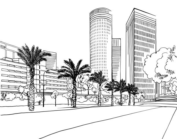 Urban landscape. Nice view on the modern Tel Aviv, Israel. Urban landscape. Nice view on the modern Tel Aviv, Israel. Urban sketch. Hand drawn line sketch. Vector illustration on white. israel skyline stock illustrations