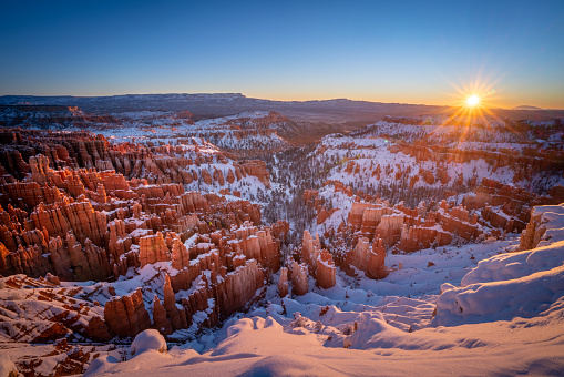 Bryce Canyon National Park at sunrise after a fresh snow