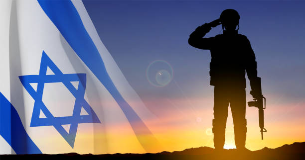 istock Silhouette of soldier with Israel flag 1458947253