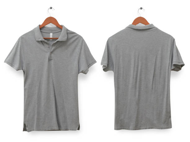istock Blank collared shirt mock up template, front and back view, isolated on white, plain gray t-shirt mockup 1458948603