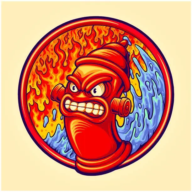 Vector illustration of Angry red classic fire hydrant cartoon illustration