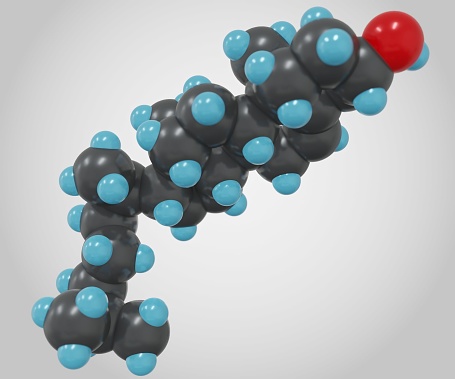 Isolated cholesterol molecule. Cholesterol is a small amphipathic lipid molecule called sterol 3d rendering
