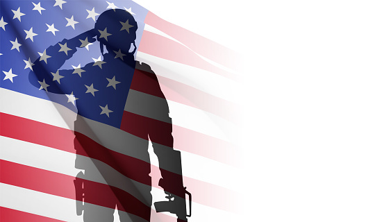 Silhouette of saluting soldier with USA flag on white background. Concept - Armed Force. EPS10 vector