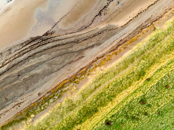 vista aerea dall'alto verso il basso della spiaggia del villaggio di allonby nel distretto di allerdale in cumbria, regno unito - scenics coastline uk moss foto e immagini stock