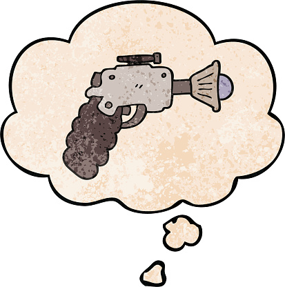 cartoon ray gun with thought bubble in grunge texture style