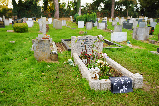 Oxford, UK - November 13, 2017: The final resting place of John Ronald Reuel Tolkien and his wife Edith Mary Tolkien in old Wolvercote cemetery in Oxford, England.