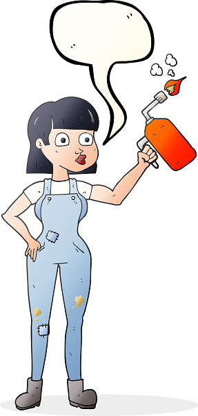 freehand drawn speech bubble cartoon woman in dungarees