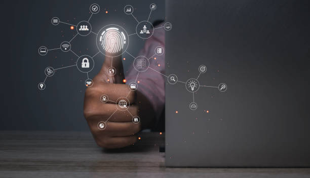 istock Fingerprint scanner futuristic digital processing of biometric identification. 1458964326