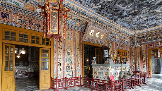 Hue, Vietnam - March 16, 2021: Altar Of Khai Dinh Emperor Inside Tomb Of Emperor Khai Dinh. Tomb Of Emperor Khai Dinh Is A Part Of The Complex Of Hue Monuments.