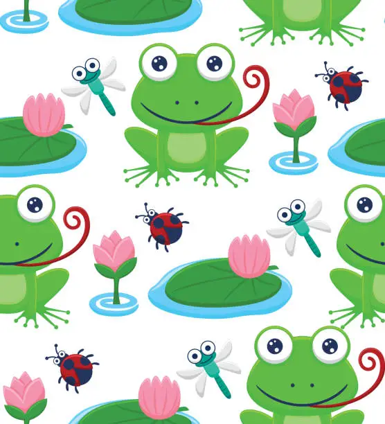 Vector illustration of Seamless pattern vector of  cartoon funny frog and bugs, lotus plant in the swamp