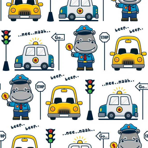 Vector illustration of Seamless pattern vector of cute hippo in policeman uniform holding traffic sign, vehicles with traffic elements