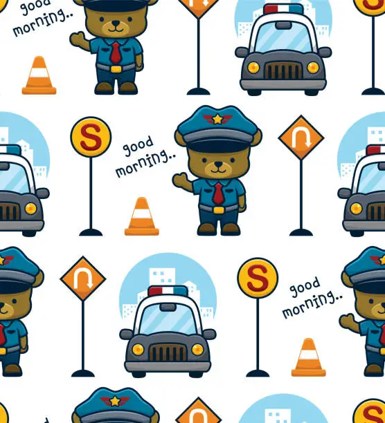 Vector illustration of Seamless pattern vector of funny bear in policeman uniform with patrol car and traffic signs