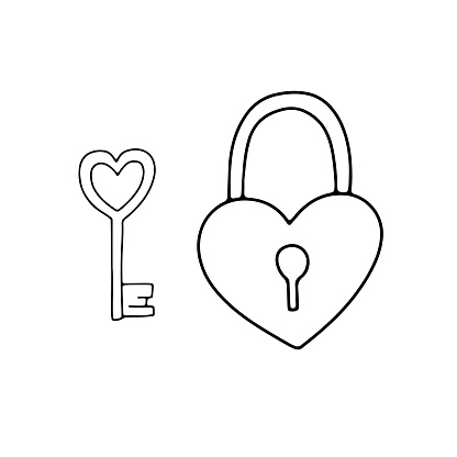 Padlock and key doodle vector illustration isolated on white background. Valentine day hand drawn sketch