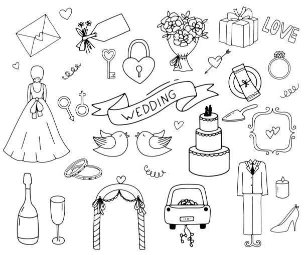 ilustraciones, imágenes clip art, dibujos animados e iconos de stock de juego de garabatos de boda. clipart monocromo de novia, ramo, arco y anillo aislados sobre fondo blanco. - wedding cake newlywed wedding cake