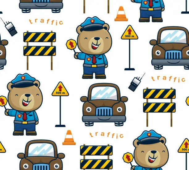 Vector illustration of Seamless pattern vector of cute bear cartoon in policeman uniform, smiling car with traffic elements