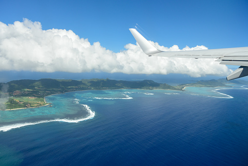 Beautiful seascape of Okinawa, Japan viewed from an airplane