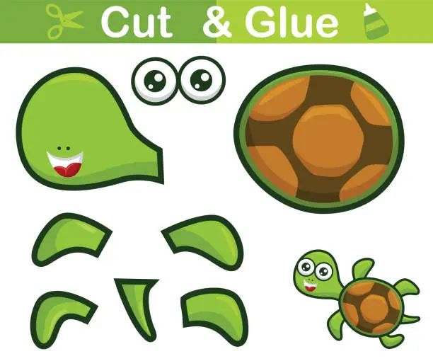 Vector illustration of Funny turtle cartoon swimming. Education paper game for children. Cutout and gluing