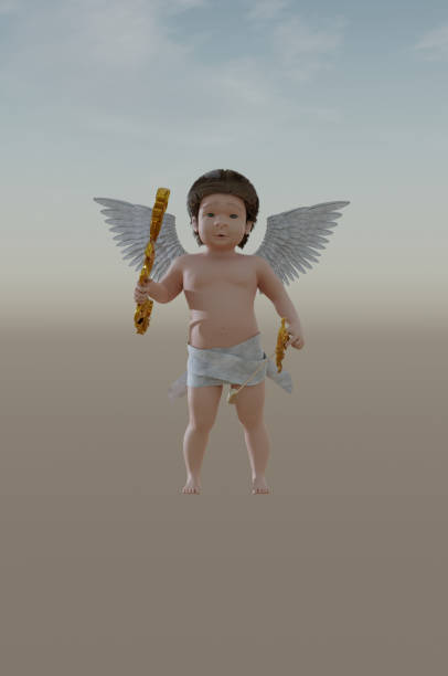 Happy Valentine's Day. Little baby cupid, beautiful girl in white dress holding paper heart isolated over white studio background. Concept of childhood, imagination, fantasy, happiness, holidays