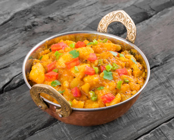 istock Indian Cuisine Spicy Fried Aloo on Wooden Table 1458973062