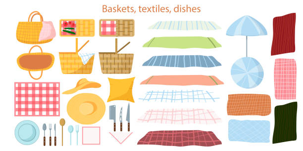 Set of elements for summer picnic. Picnic in park in summer. Collection of icons for picnic: picnic basket, blankets, beach umbrella, straw hat, plates, forks, kitchen knives, spoons, dishes