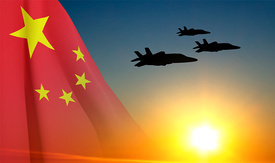 Silhouette of military aircraft on background of sunset and China flag. Air Force concept. EPS10 vector