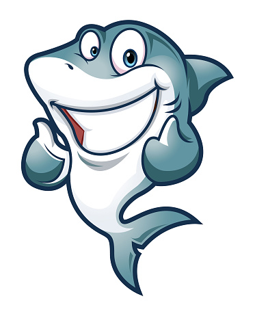 A character illustration of a shark thumbs up