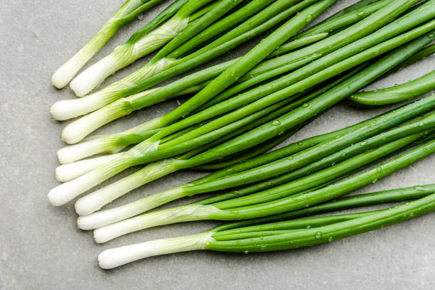 istock Fresh green onion, spring vegetables, top view 1458976187