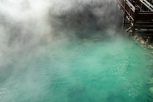 Beautiful scenery of Kusatsu Onsen Yubatake, famous as one of Japan's top three hot springs