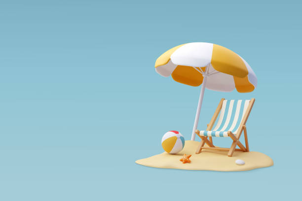 illustrazioni stock, clip art, cartoni animati e icone di tendenza di sedia da spiaggia vettoriale 3d, ombrellone giallo e palla, vacanze estive, concetto di tempo di viaggio. - summer