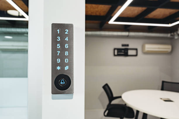 istock Electronic digital door lock on white office wall 1458984765