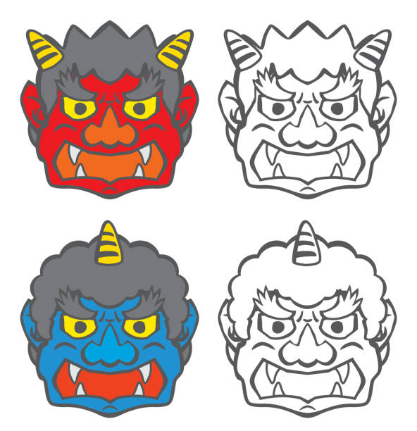 Set of Japanese ogre mask. This is a Line for coloring of Setsubun. hannya stock illustrations