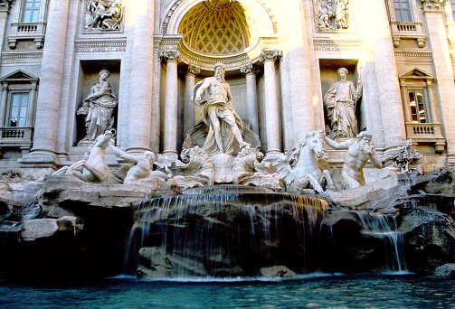 Rome, Italy - June 30, 2019: Trevi Fountain (Fontana di Trevi) in Rome, Italy. The Trevi Fountain is the largest Baroque fountain in Rome.