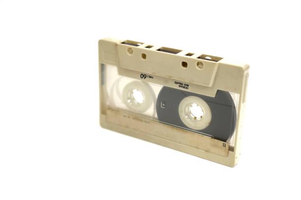 istock The image shows a retro white music cassette tape on a blue background, close up. 1458991976