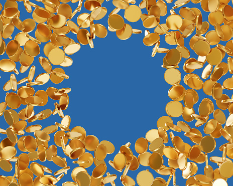 Gold coins flying on a colorful background, 3D illustration