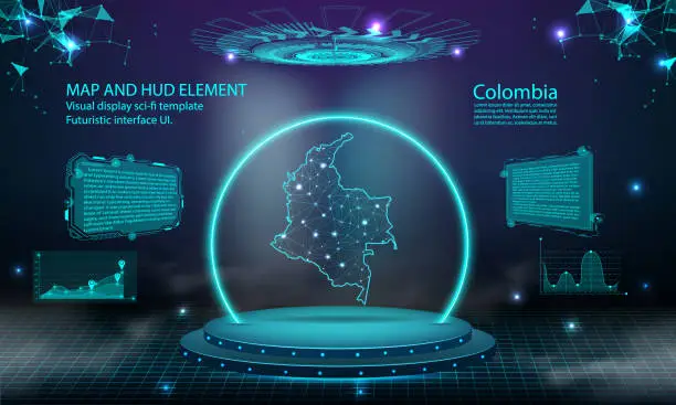 Vector illustration of colombia map light connecting effect background. abstract digital technology UI, GUI, futuristic HUD Virtual Interface with colombia map. Stage futuristic podium in fog.