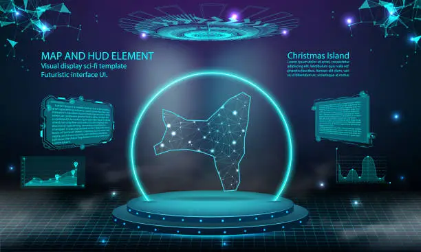 Vector illustration of christmas Island map light connecting effect background. abstract digital technology UI, GUI, futuristic HUD Virtual Interface with christmas Island map. Stage futuristic podium in fog.