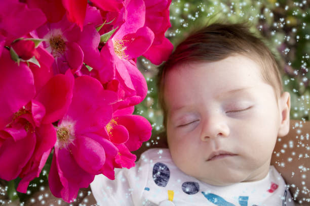 istock Sleeping baby surrounded by pink flowers 1458996456