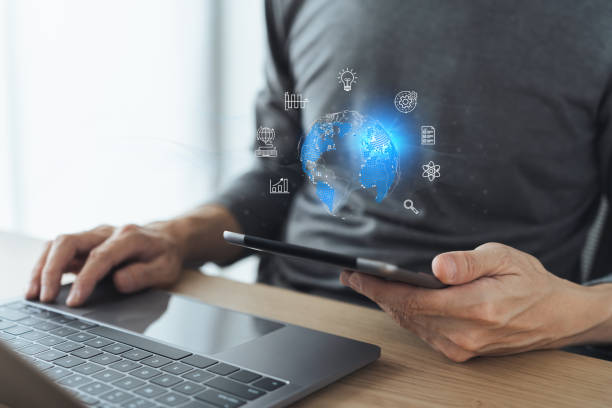 istock Businessperson using laptop for online working via internet. Digital business intelligence solution, communication and connection technology. Financial and banking data, marketing information analysis 1458998682