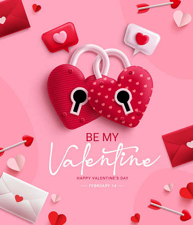 Happy valentine's day vector design. Be my valentine text with heart padlock love elements symbol. Vector illustration valentine's invitation card in pink background.