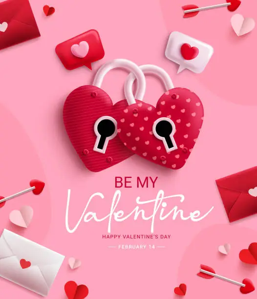 Vector illustration of Happy valentine's day vector design. Be my valentine text with heart padlock love elements symbol.