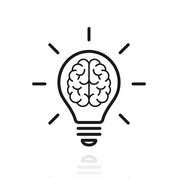 ilustraciones, imágenes clip art, dibujos animados e iconos de stock de cerebro dentro de la bombilla. icono con reflejo sobre fondo blanco - inspiration light bulb motivation lighting equipment