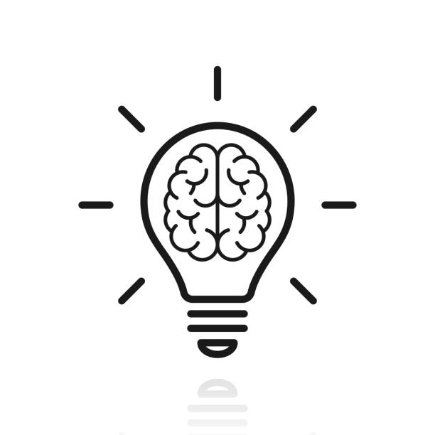 мозг внутри лампочки. иконка с отражением на белом фоне - inspiration light bulb motivation lighting equipment stock illustrations
