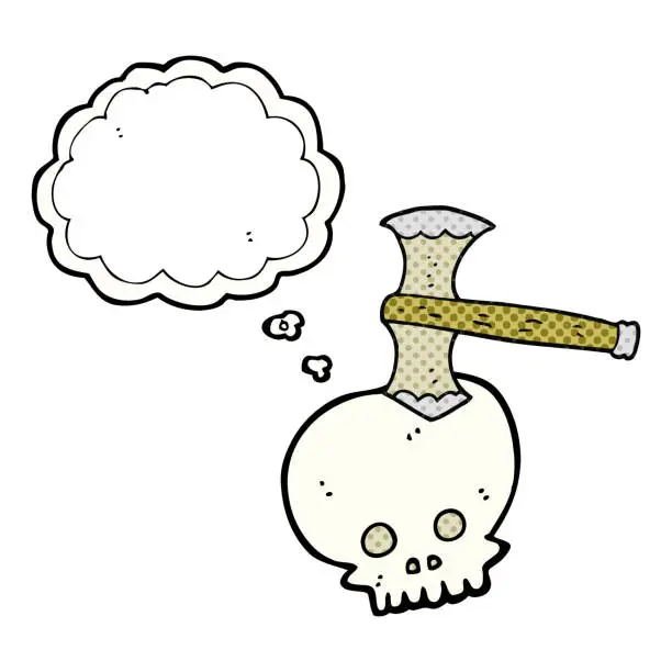 Vector illustration of freehand drawn thought bubble cartoon axe in skull