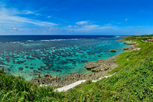 Blue sky and sea in island of Maupiti