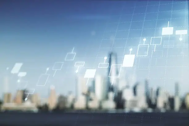 Photo of Abstract virtual financial graph hologram on blurry skyscrapers background, financial and trading concept. Multiexposure