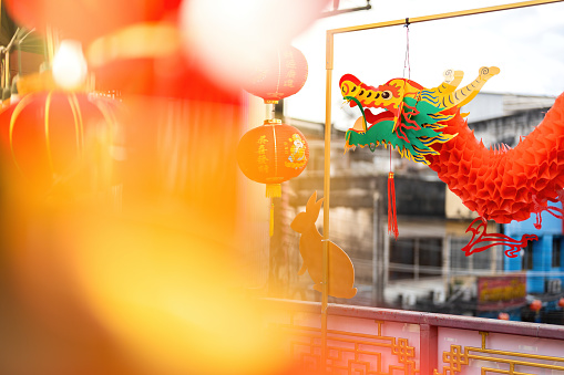 chinese new year festival There is a red dragon, an animal that brings luck and auspiciousness. and text on the lantern means fortune and prosperity , a symbol of the year of the rabbit.