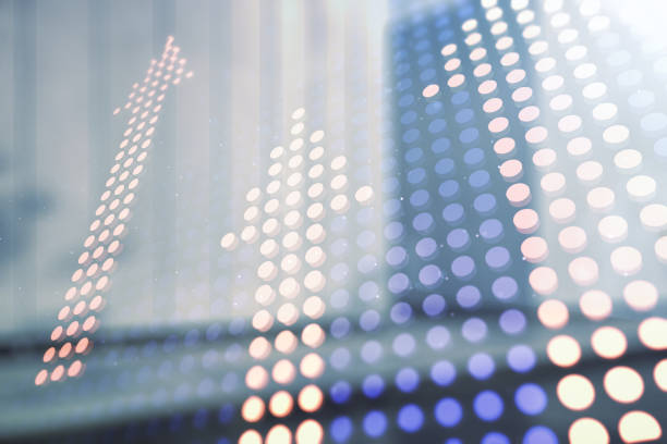 istock Virtual upward arrows illustration on blurry modern office building background. Breakthrough and progress concept. Multiexposure 1459003524