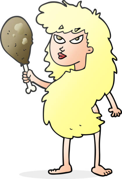 freihändig gezeichnete zeichentrick-höhlenfrau mit fleisch - verrückte dame mit schwein stock-grafiken, -clipart, -cartoons und -symbole